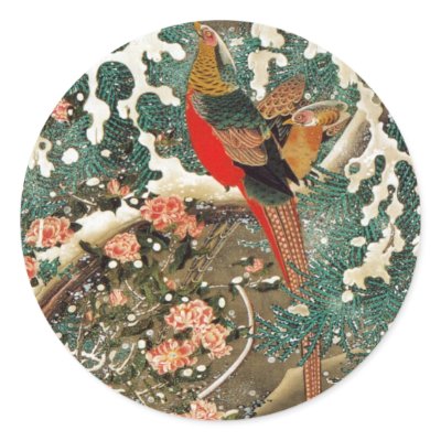 19. 雪中錦鶏図, 若冲 Pheasant in the Snow, Jakuchu Round Stickers by ukiyoemuseum