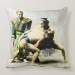 19th C. Japanese Wrestlers Throw Pillow