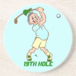 19th hole funny golfer guy blue green background drink coaster
