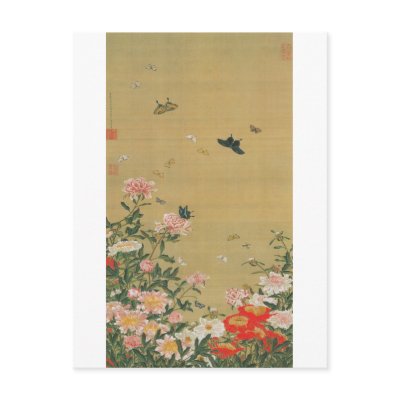 1. 芍薬群蝶図, 若冲 Flower and Butterfly, Jakuchu Postcards by ukiyoemuseum