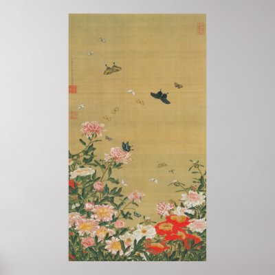 1. 芍薬群蝶図, 若冲 Flower and Butterfly, Jakuchu Posters by ukiyoemuseum