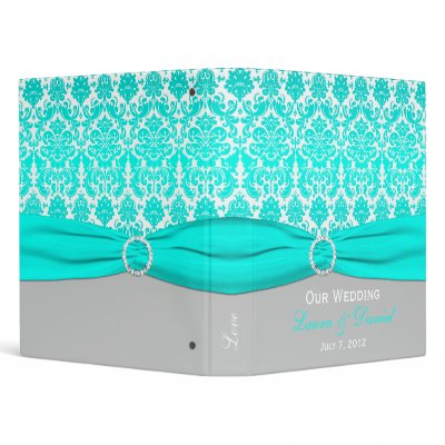 1" Aqua, Gray, and White Damask Wedding Binder by NiteOwlStudio