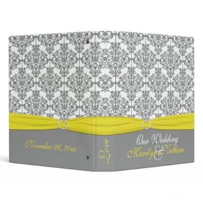 1" Gray Damask with Yellow Wedding Binder by NiteOwlStudio