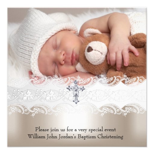 1 Photo Baptism White Beige Cross Baby Girl Boy Personalized Invite (front side)