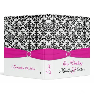 1" Pink, White and Black Damask Wedding Binder by NiteOwlStudio