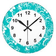 1 Wall Clock Teal Blue White Damask Floral