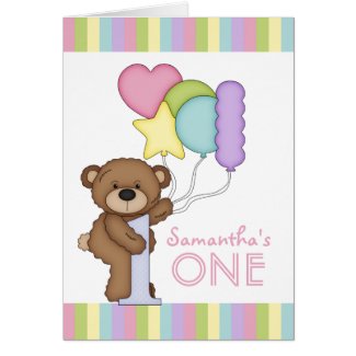 1st Birthday Bear Rainbow Stripes and Balloons Greeting Cards
