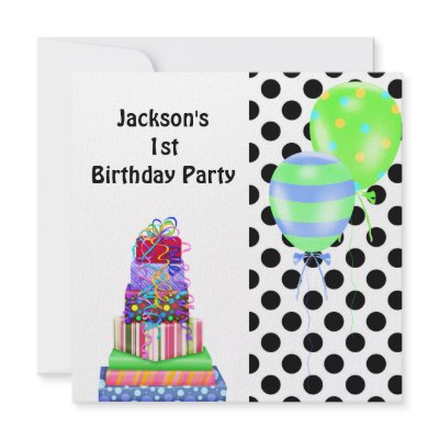 1st Birthday Cake Balloons Presents Black  White Custom Invitation by eventpartyinvitation
