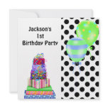 1st Birthday Cake Balloons Presents Black  White invitations