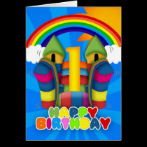1st Birthday Card With Bouncy Castle And Rainbow cards