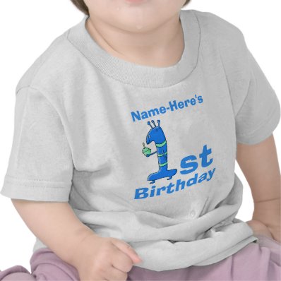 1st birthday cartoon, in blue. Custom Name. T-shirts