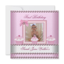 1st Birthday Girl Pink Cupcakes White Pearl Baby Personalized Announcements