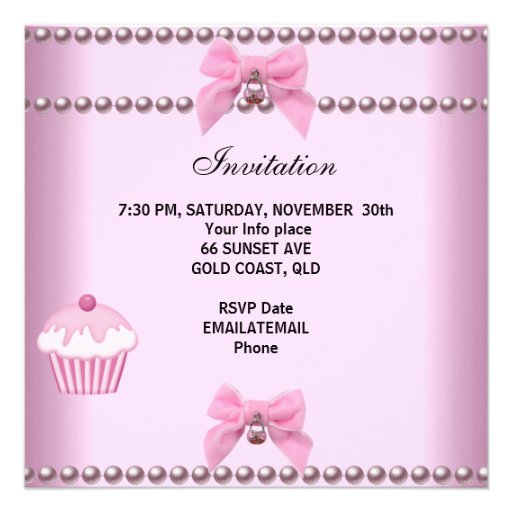 1st Birthday Girl Pink Cupcakes White Pearl Baby Invitation