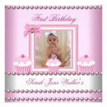 1st Birthday Girl Pink Cupcakes White Pearl Baby Personalized Announcements