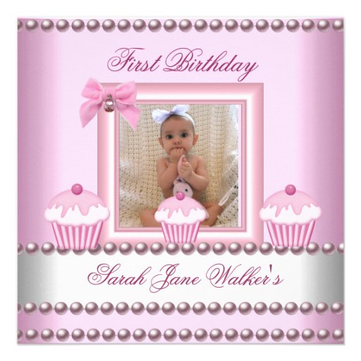 1st Birthday Girl Pink Cupcakes White Pearl Baby Personalized Announcements
