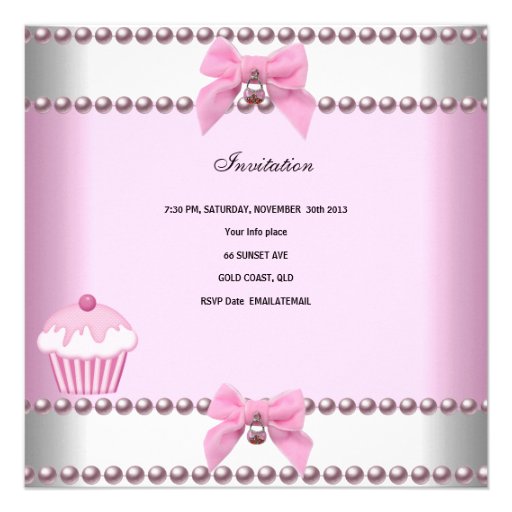 1st Birthday Girl Pink Cupcakes White Pearl Baby Personalized Announcements