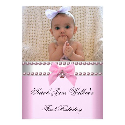 1st Birthday Girl Pink White Pearl Photo First Personalized Invitation