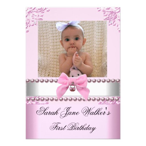 1st Birthday Girl Pink White Pearl Photo First Personalized Invites
