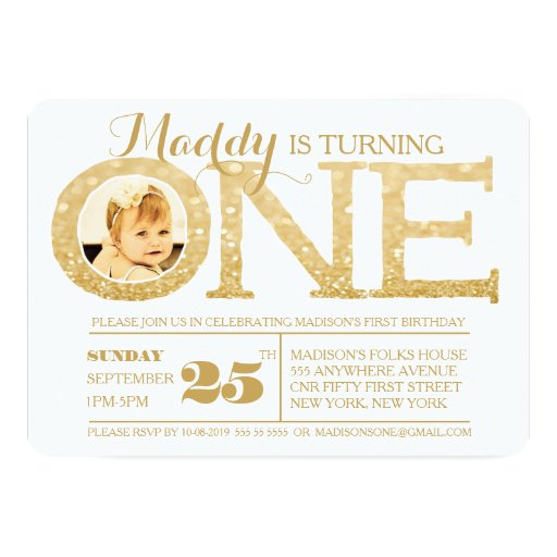 1st Birthday Gold Glitter One Photo Invitation Personalized Invitations (front side)