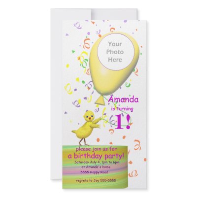 1st Birthday Party Chicken Invite Yellow Balloon Custom Photo Card by xfinity7