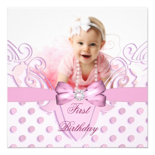 1st Birthday Party Girl Pink White Bow Image Personalized Invite
