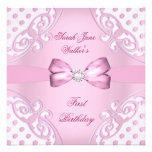 1st Birthday Party Girl Pink White Polka Dot Custom Announcement