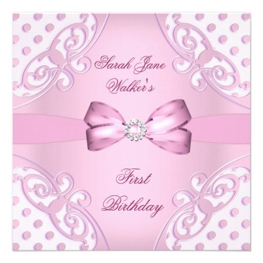 1st Birthday Party Girl Pink White Polka Dot Custom Announcement