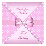 1st Birthday Party Girl Pink White Polka Dot Invitations