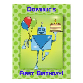1st Birthday Party Robot with Cake Green Invite