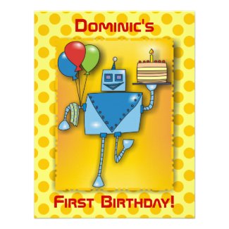 1st Birthday Party Robot with Cake Yellow Invite
