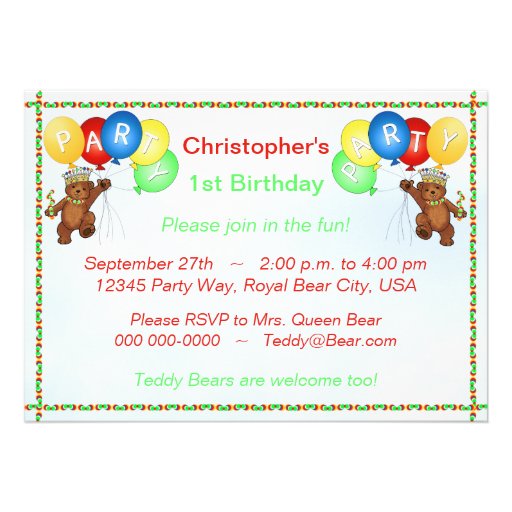 1st Birthday Party Royal Teddy Bear Personalized Invite