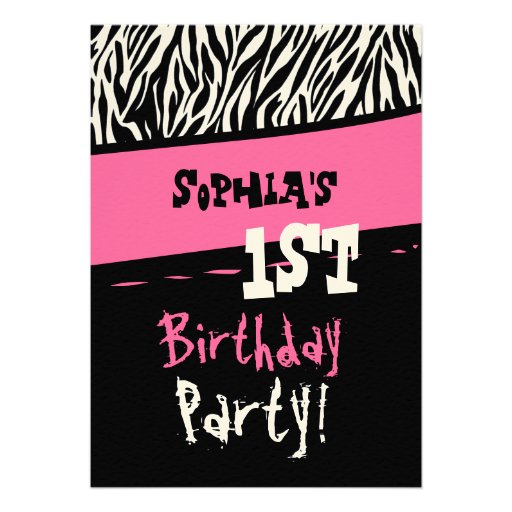 1st Birthday - Pink Black White Zebra Template Invite 1st Birthday - Pink Black White Zebra Template Invite