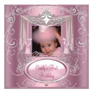 1st First Birthday Party Girl Pink Silver Star Custom Announcements