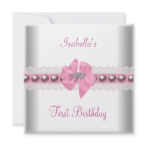 1st First Birthday Party Pretty Pink Bow Custom Announcement