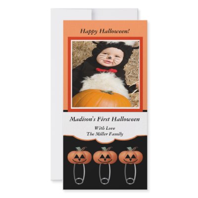 1st Halloween Pumpkin Diaper Pins Photo Card by celebrateitinvites
