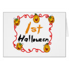  - A text and jack o lantern design on Halloween T-shirts, bodysuits, and more featuring several smiling jack o lanterns and kid style  text that reads "1st Halloween"!: Sizes 