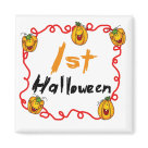 square_magnet - A text and jack o lantern design on Halloween T-shirts, bodysuits, and more featuring several smiling jack o lanterns and kid style  text that reads "1st Halloween"!: Sizes 