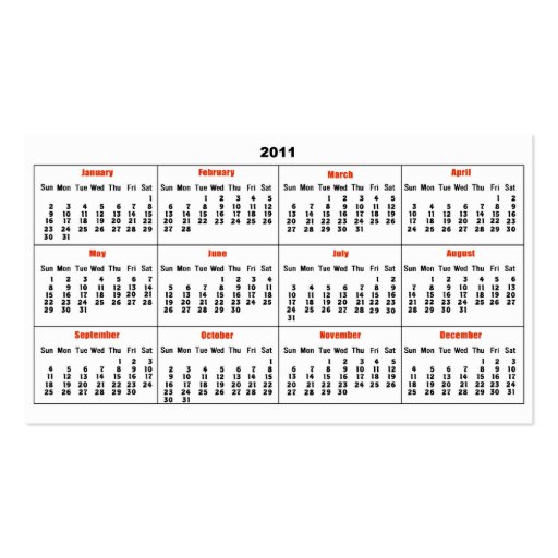 2011 Wallet Calendar Pocket Card Business Card Template (back side)