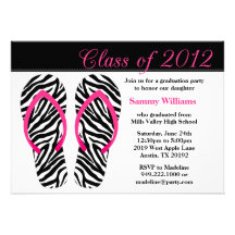 2012 Graduation Party Pink Black Zebra Flip Flops Invitations