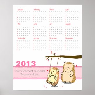 2013 Calendar: Cute Hedgehog couple at tree swing Poster