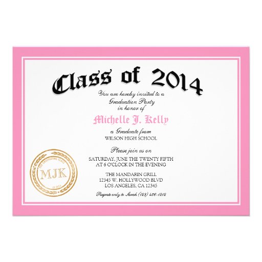 2014 Pink Diploma Graduation Party Personalized Invite (front side)