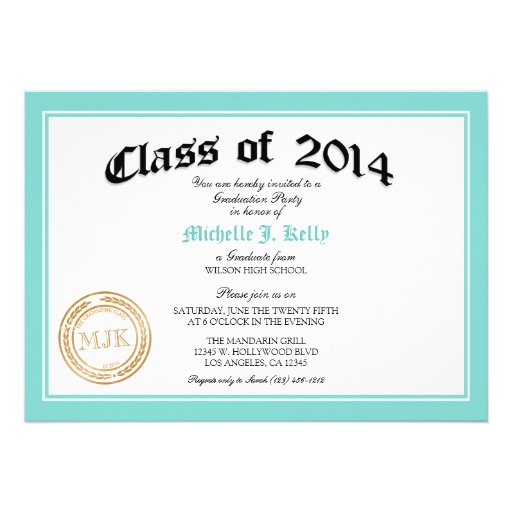 2014 Teal Blue Diploma Graduation Party Invite (front side)