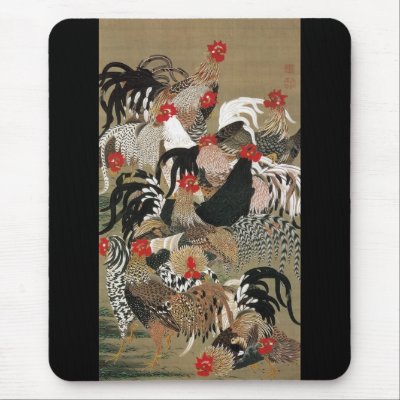 20. 群鶏図, 若冲 Flock of Roosters, Jakuchu Mouse Pads by ukiyoemuseum