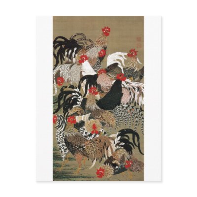 20. 群鶏図, 若冲 Flock of Roosters, Jakuchu Post Card by ukiyoemuseum