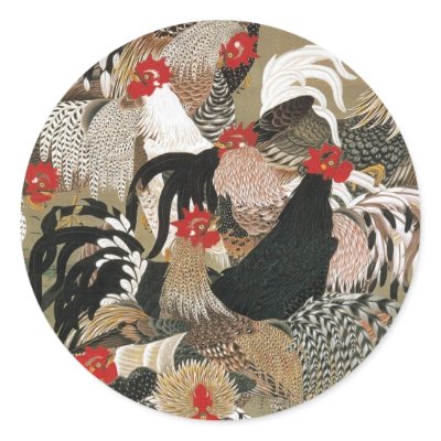 20. 群鶏図, 若冲 Flock of Roosters, Jakuchu Round Sticker by ukiyoemuseum