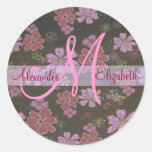 20-Retro Flowers Pink-Monogram Personalize it! Round Sticker