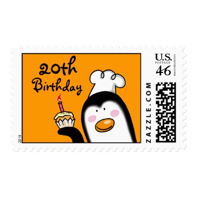 20th birthday party cupcake (penguin chef) postage by jsoh