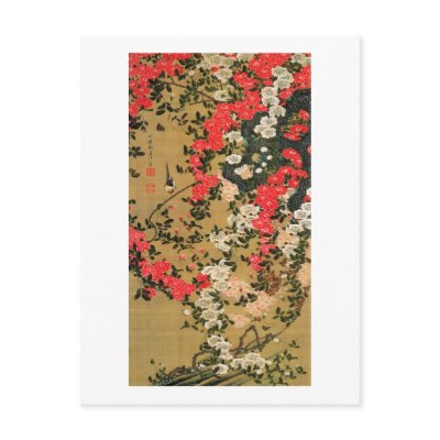 21. 薔薇小禽図, 若冲 Roses & Small Bird, Jakuchū Post Cards by ukiyoemuseum