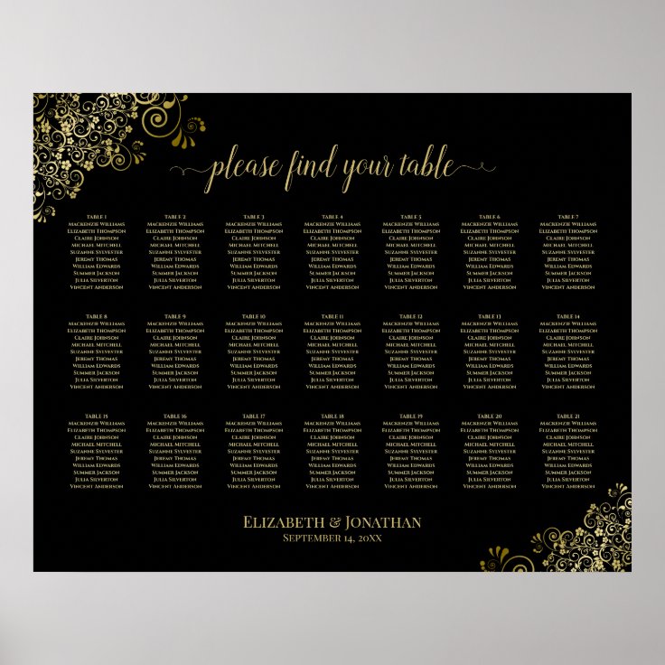 21 Table Wedding Seating Chart Black Gold Frills Zazzle