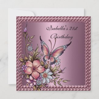 Birthday Cakes on 21st Birthday Elegant Floral Butterfly Pink By Invitationcenter